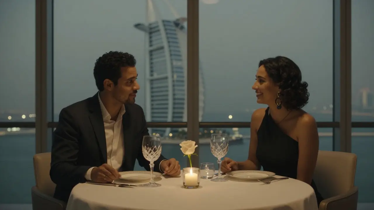 Two people sharing a quiet, refined dinner at Burj Al Arab with the Dubai skyline visible through windows.