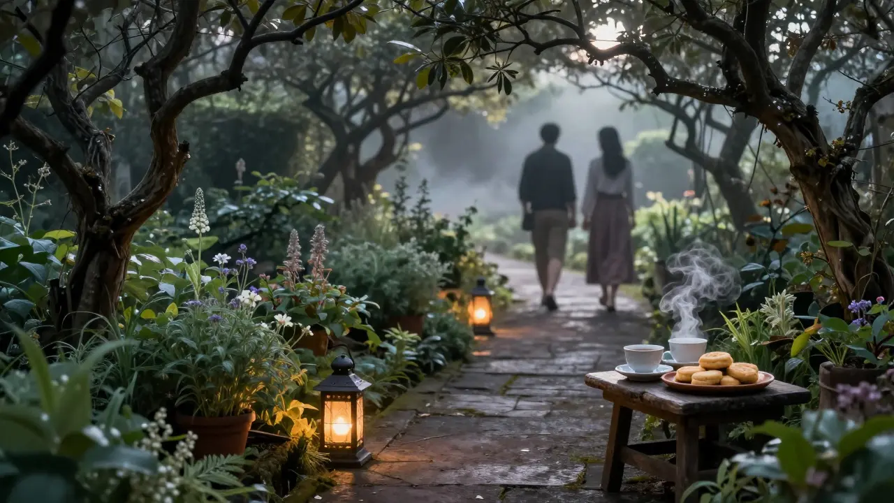 Two people strolling through a moonlit garden lit by lanterns, with tea served on a wooden tray nearby.