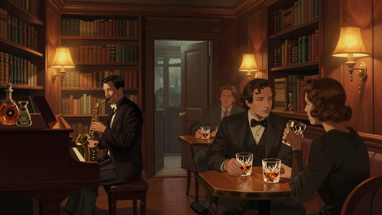 Vintage 1920s speakeasy with bookshelves, pianist, and patrons sipping bourbon in soft light.