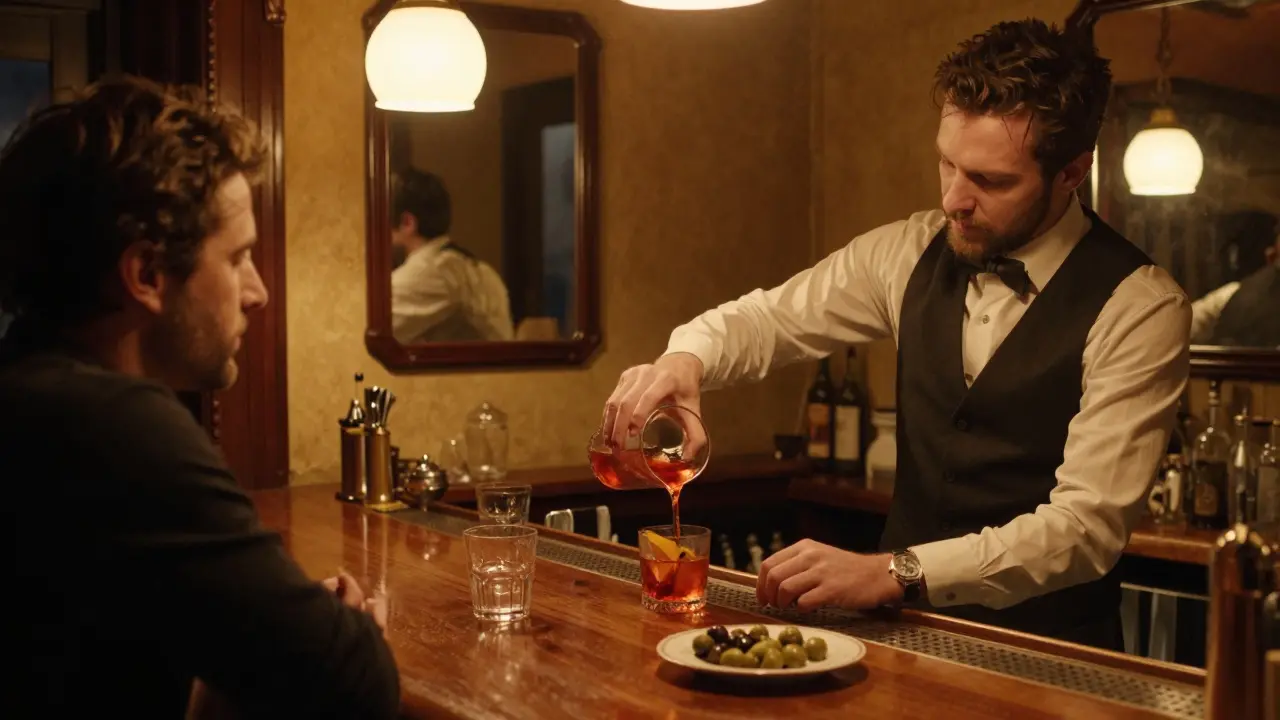 A bartender pouring a classic Negroni Sbagliato in a historic Milan bar.