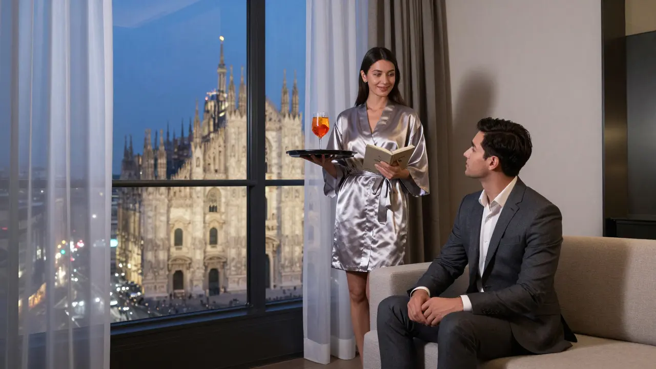 A client and companion in a luxury hotel suite, sharing a peaceful moment overlooking the city.