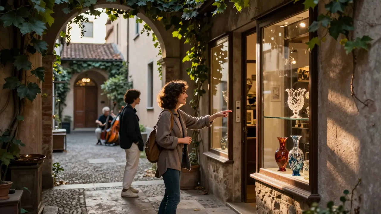 A companion guiding a client to a hidden antique shop in Brera during golden hour.