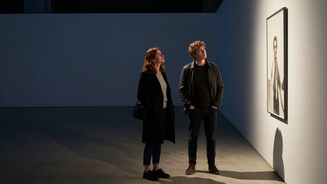 A couple contemplating modern art in the quiet Triennale di Milano gallery at night.