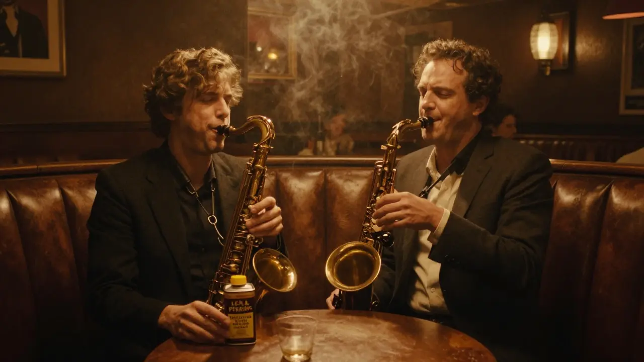 A couple in a dim jazz club, a small tin of Worcestershire sauce resting on the table between them.