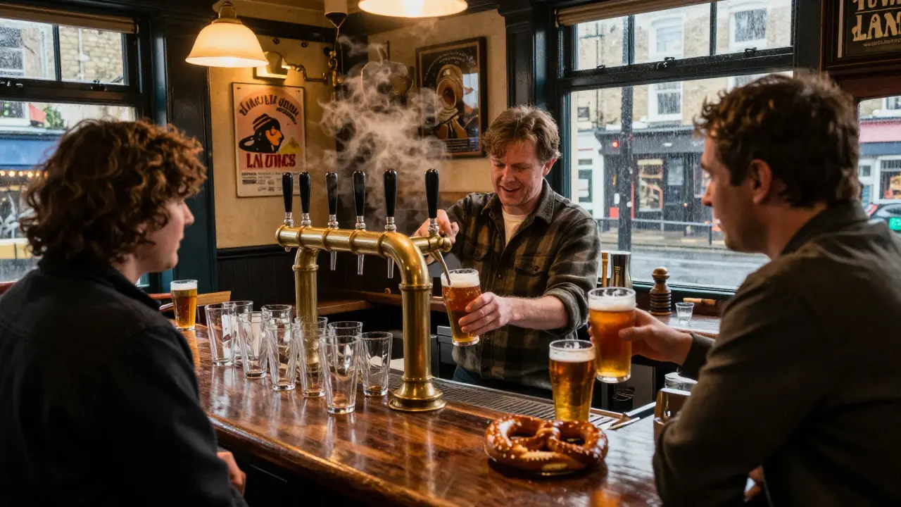 A cozy pub in Camden at dawn with 12 beer taps, a bartender pouring ale, warm lighting and vintage decor.