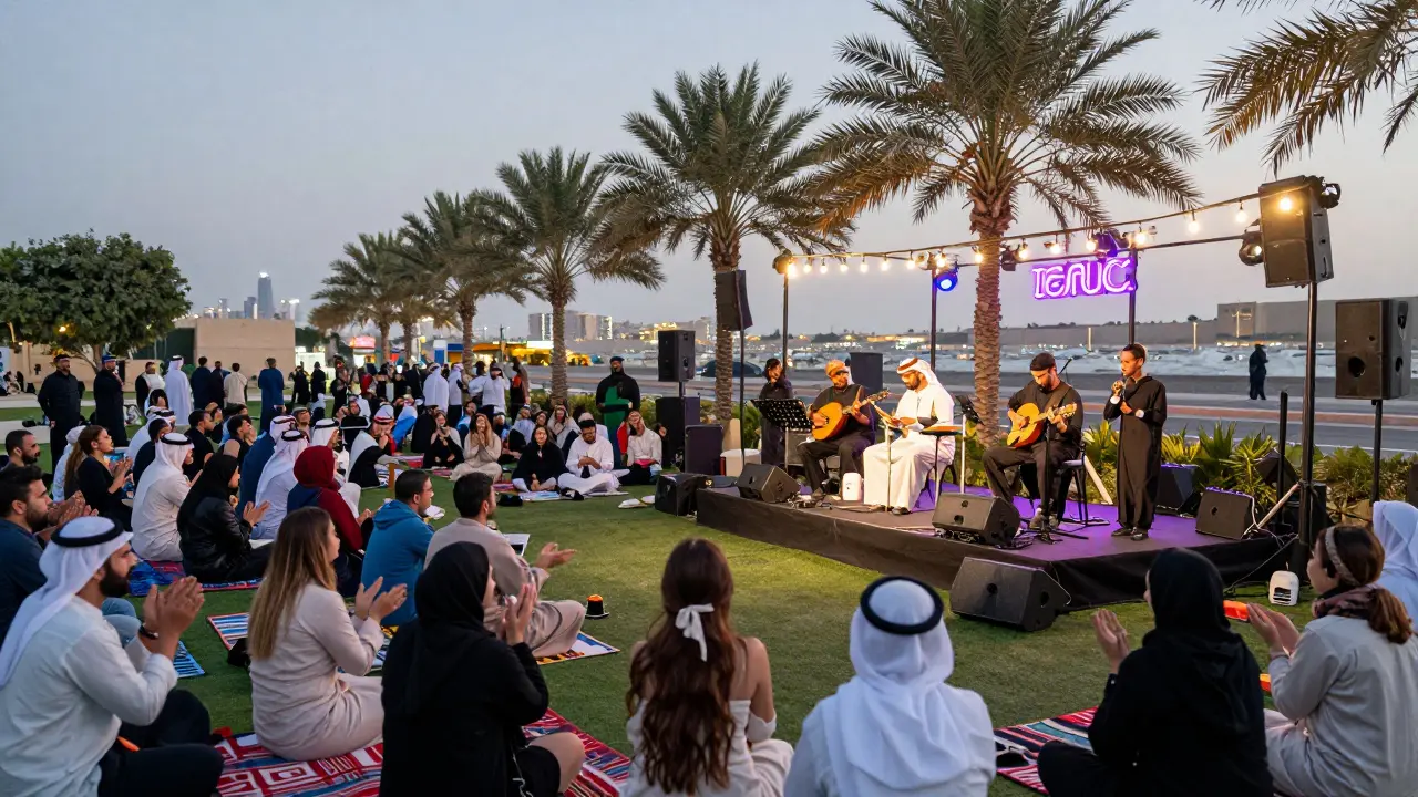 A diverse Emirati band playing fusion music under the stars at a free outdoor concert in a city park.