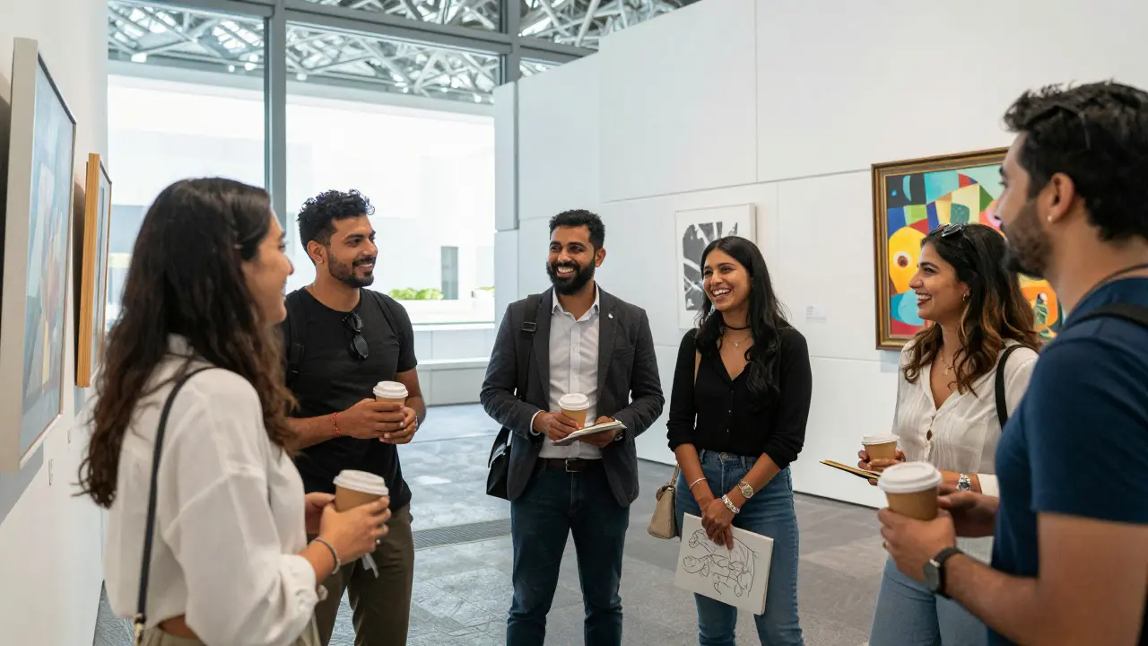 A group of diverse people socializing at an art exhibition in Abu Dhabi, sharing laughter and cultural experiences in daylight.