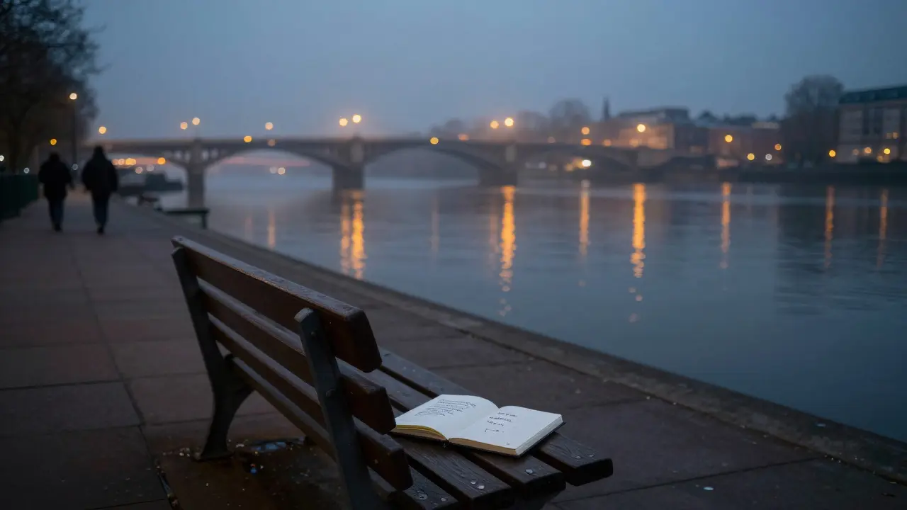 A handwritten poem on a notebook beside an empty bench along the quiet Southbank at dusk.