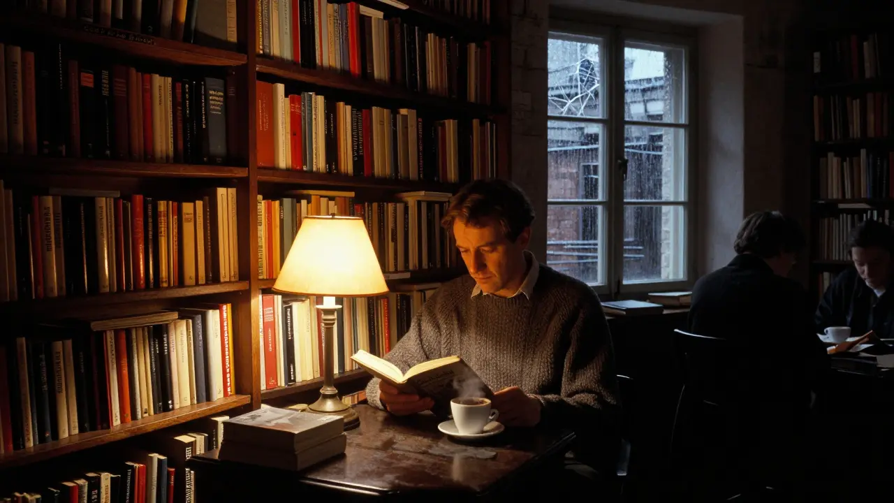 A hidden underground library with banned East German books, a reader beside a cup of mulled wine in dim lamplight.