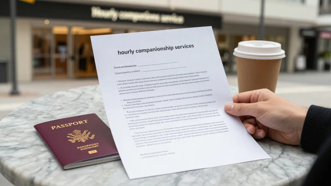 A legal companionship contract beside a passport and coffee cup on a marble table.