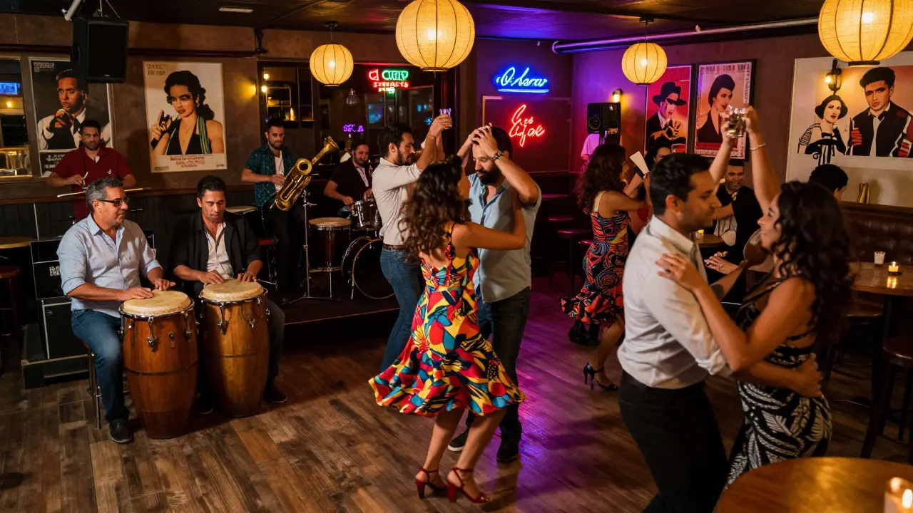 A lively Latin music night with dancers and percussionists in a retro bar filled with neon lights and energy.