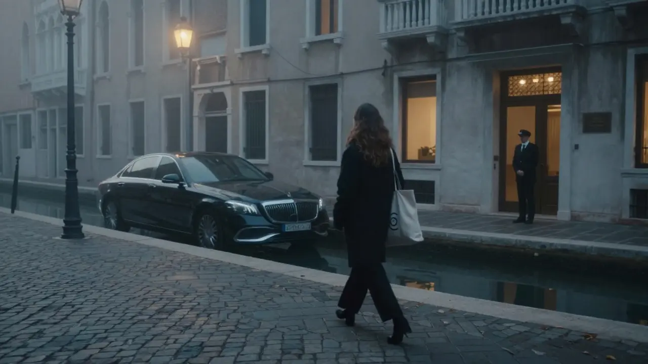 A lone woman walks at dawn along Milan’s Navigli canal, her silhouette blending into the mist as a luxury car waits nearby, unseen but present.