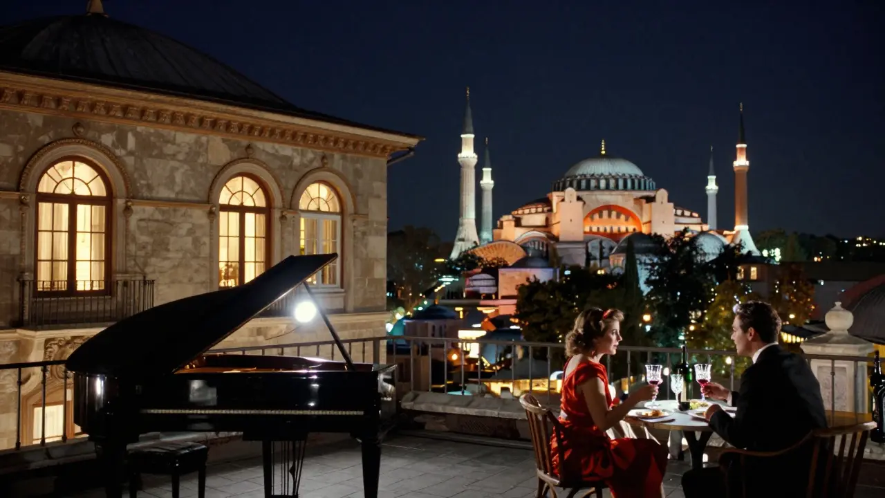 A luxurious rooftop terrace at Perili Köşk with piano music, crystal glasses, and Istanbul’s mosques glowing in the distance.