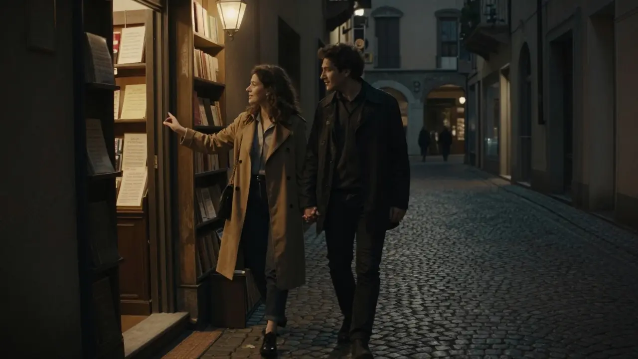 A man and woman browsing a bookstore in Brera at night, surrounded by warm lamplight and cobblestone streets.