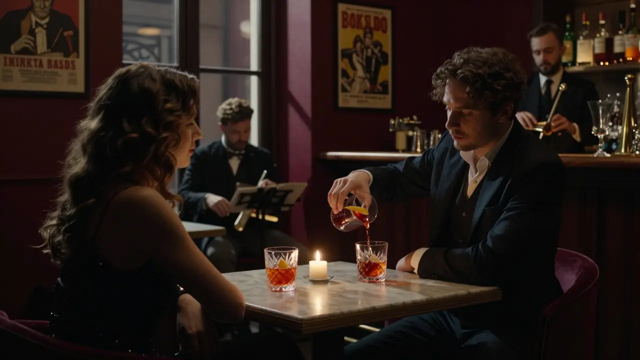 A man and woman share a quiet drink at a dimly lit historic bar in Milan.