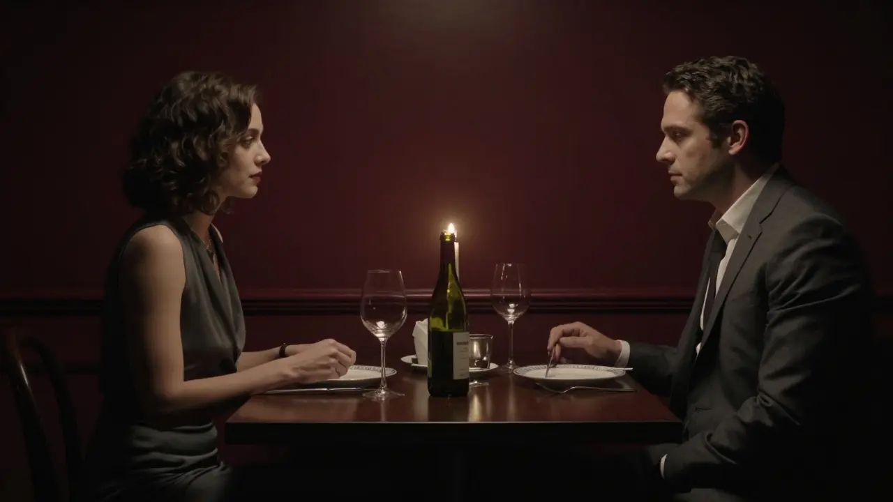 A man and woman sitting silently across a candlelit dinner table in a private Mayfair dining room.