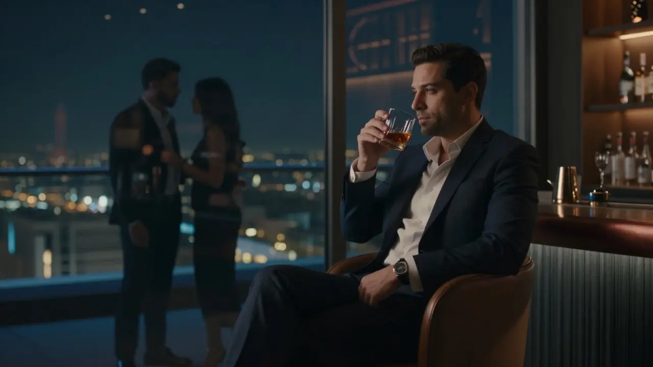 A man at a luxury rooftop bar, alone, with unseen figures reflected in the window behind him.