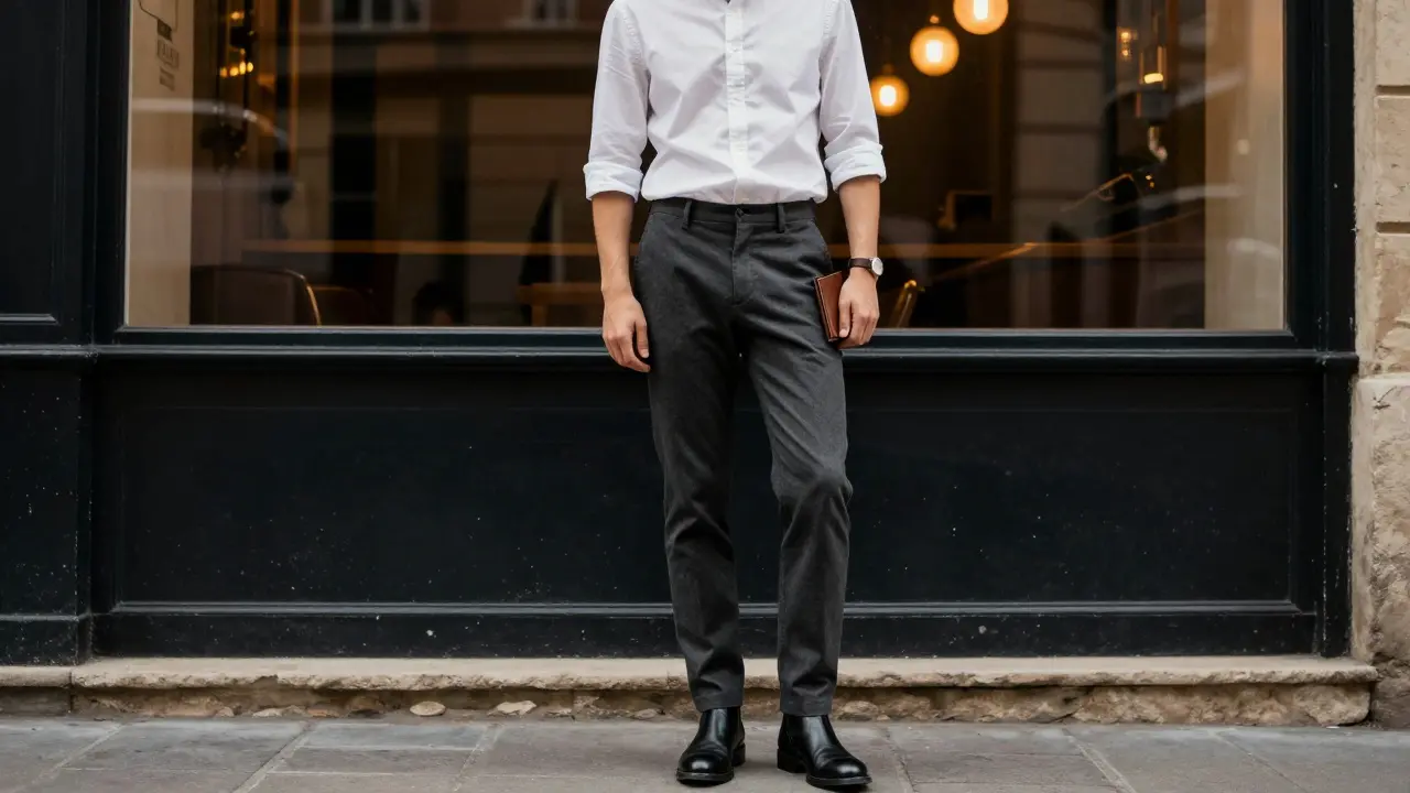 A man in slim trousers and button-down shirt, polished boots, standing outside a Le Marais bar.