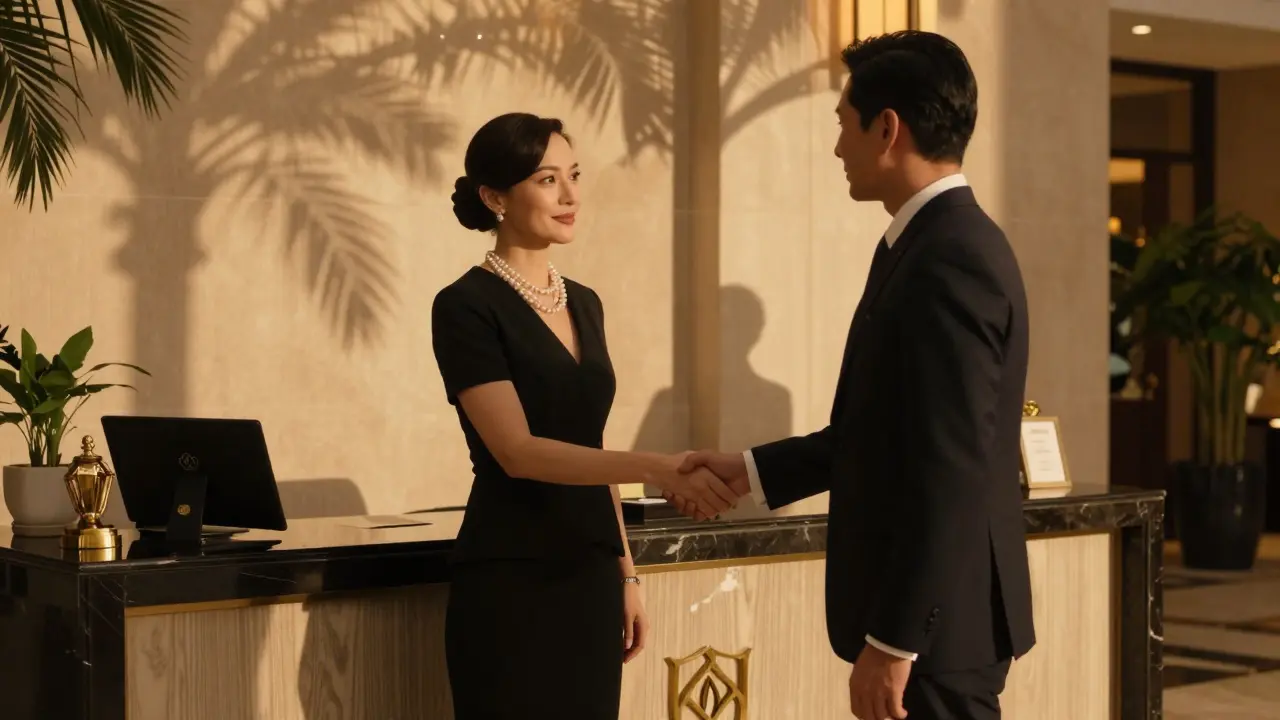 A professional female companion and male client shaking hands in a high-end hotel lobby under soft twilight lighting.