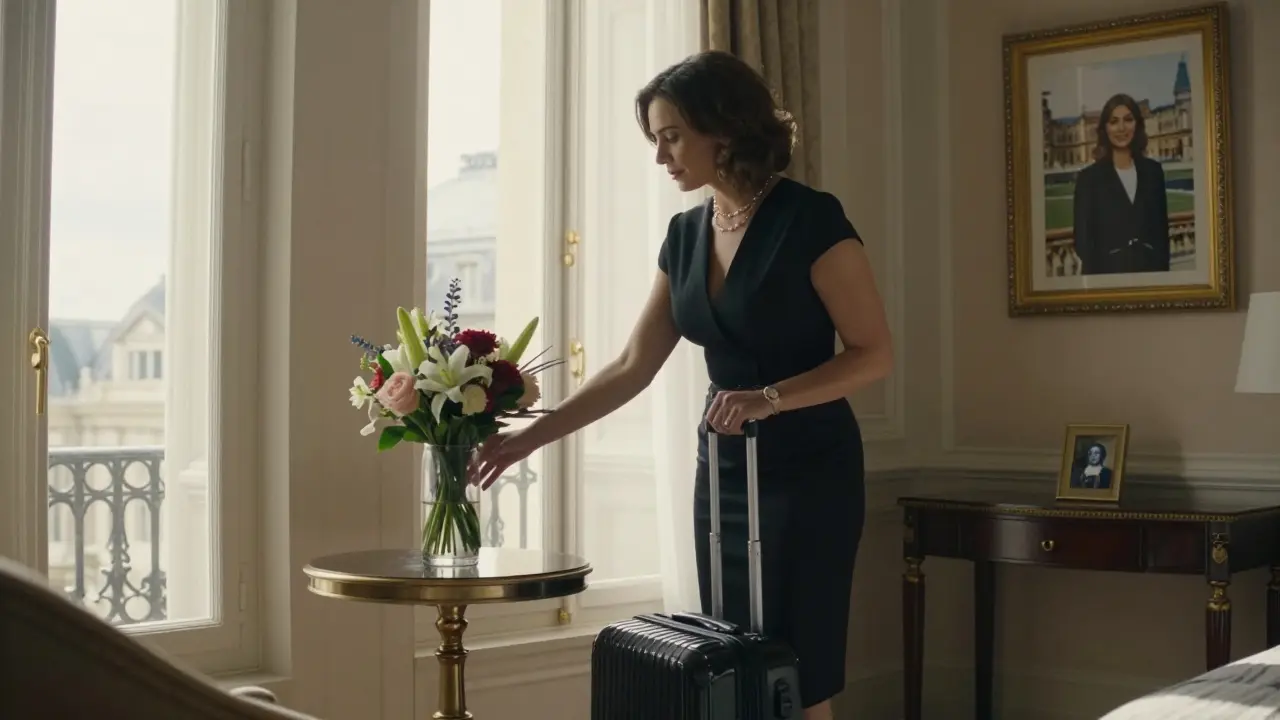 A professional female companion in a luxury hotel room, sunlight illuminating her elegance and a Sorbonne photo on the wall.
