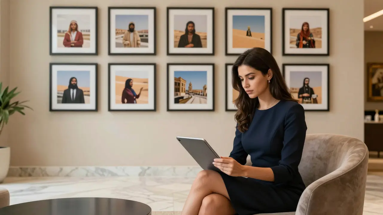 A professional female companion reviewing client profiles in a luxurious, discreet agency lounge.