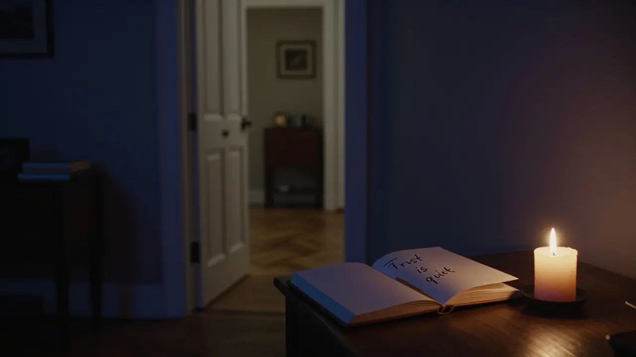 A quiet, dimly lit study with a handwritten note saying 'Trust is quiet', conveying discretion and privacy.