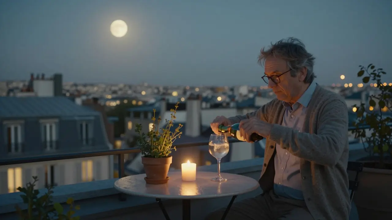 A quiet rooftop bar with herbs and a single candle, where a retired teacher serves cocktails under the Paris night sky.