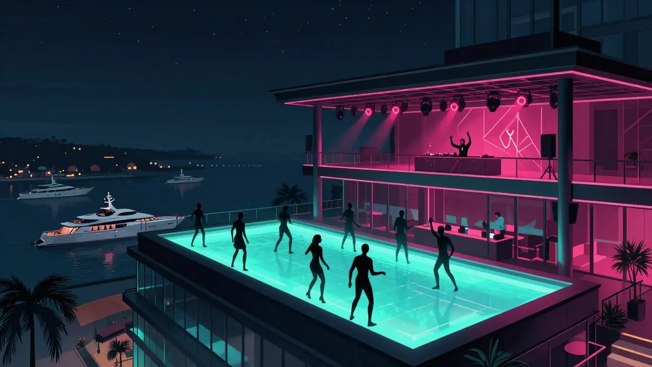 A rooftop dance floor at Zéda nightclub under starry skies, with silhouettes dancing and yachts in the harbor below.