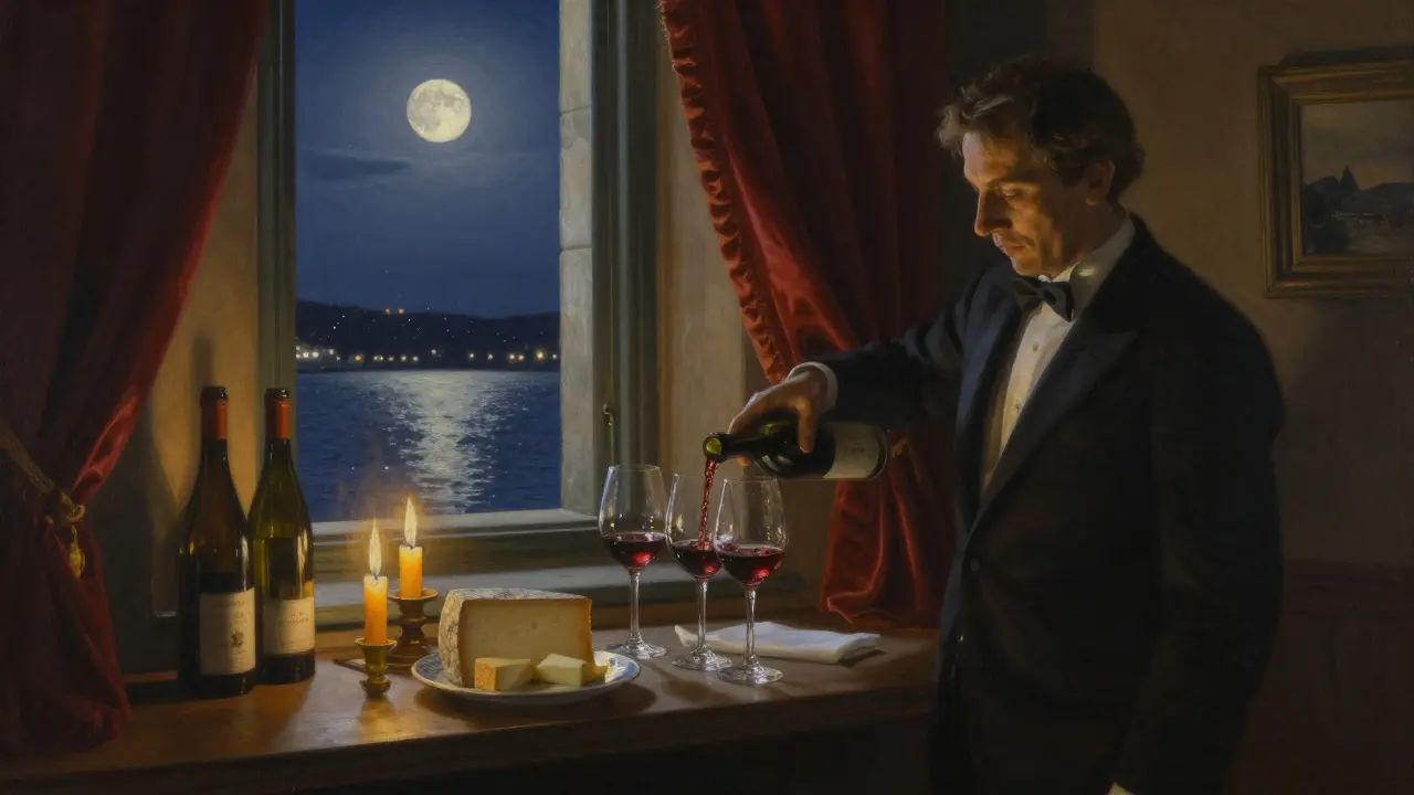 A serene 3 a.m. wine tasting at Le Bar à Vins with rare bottles, candles, and moonlight filtering through a quiet alley.