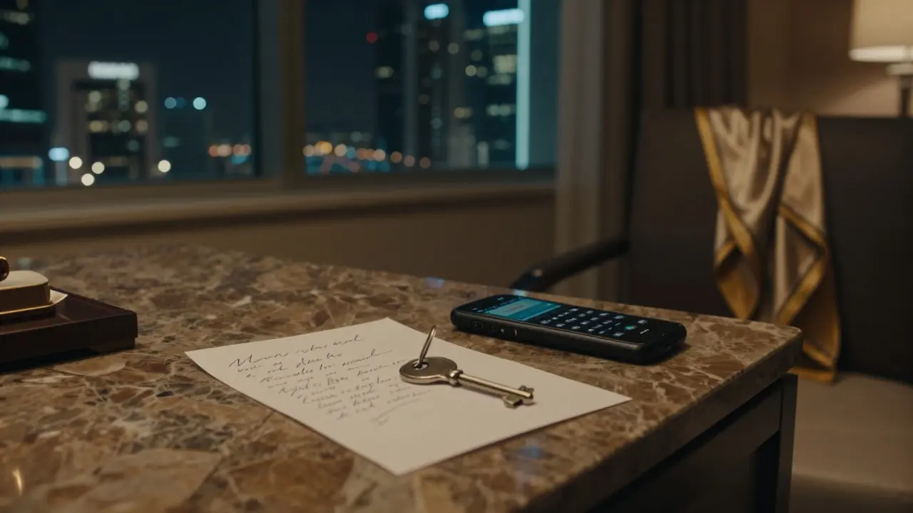 A single key and encrypted phone rest on a marble countertop in a luxury hotel room, suggesting a discreet, unspoken departure.