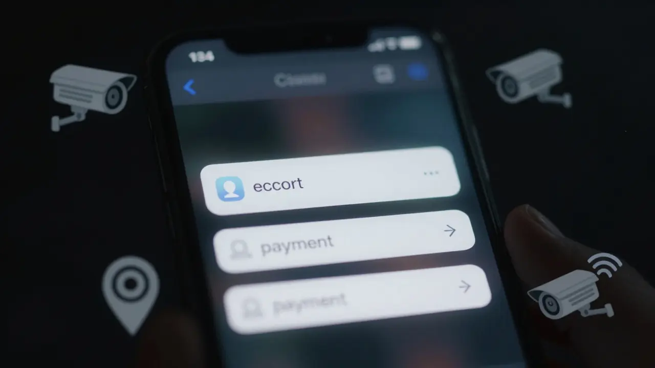 A smartphone screen showing hidden digital surveillance signals linked to escort-related messages, under dark cyberpunk lighting.