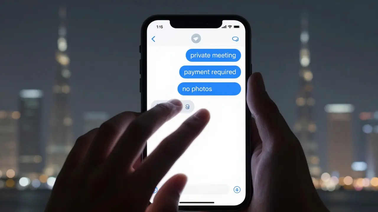 A smartphone showing encrypted messages about paid companionship, with a shadowy hand reaching toward it.