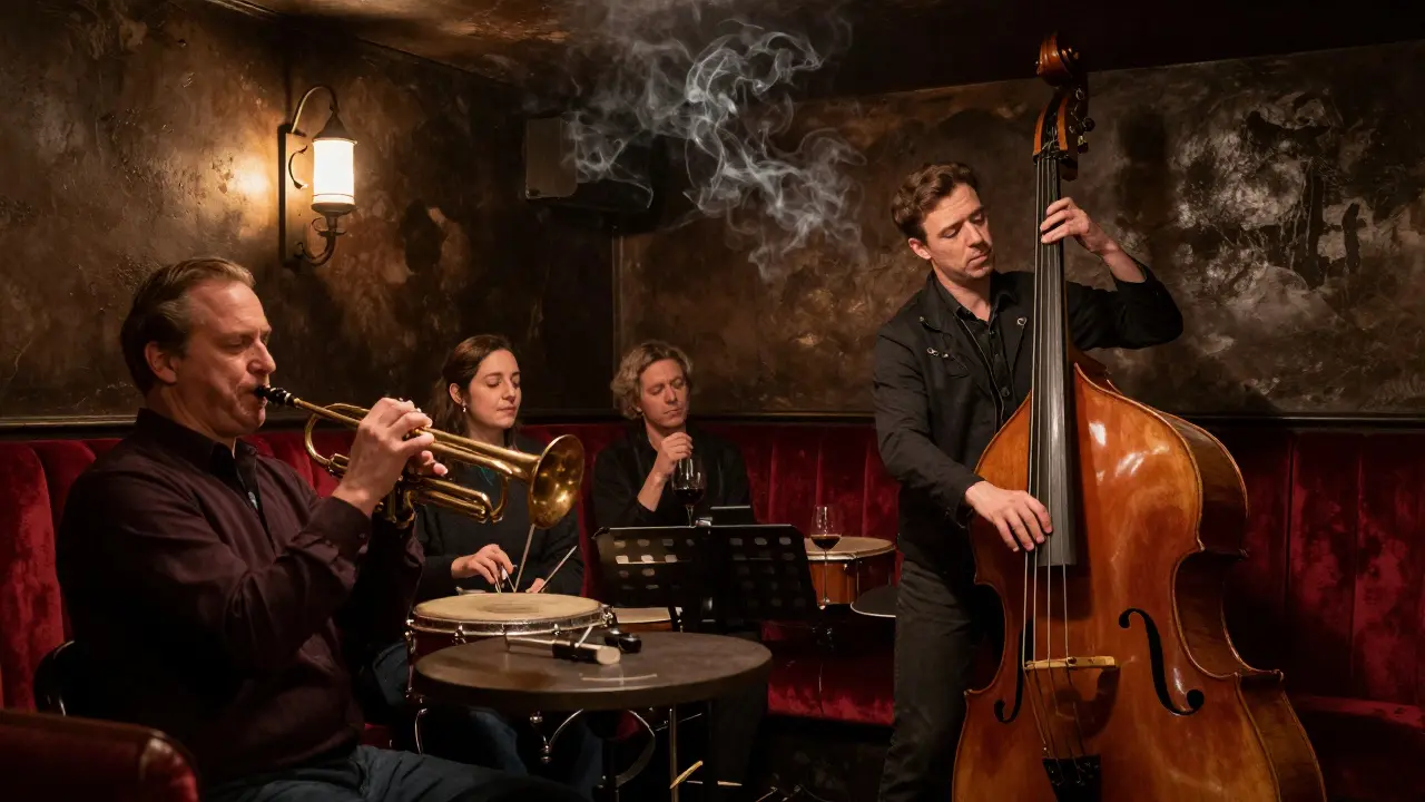 A smoky jazz cellar in Paris with musicians playing live, patrons lost in the music.