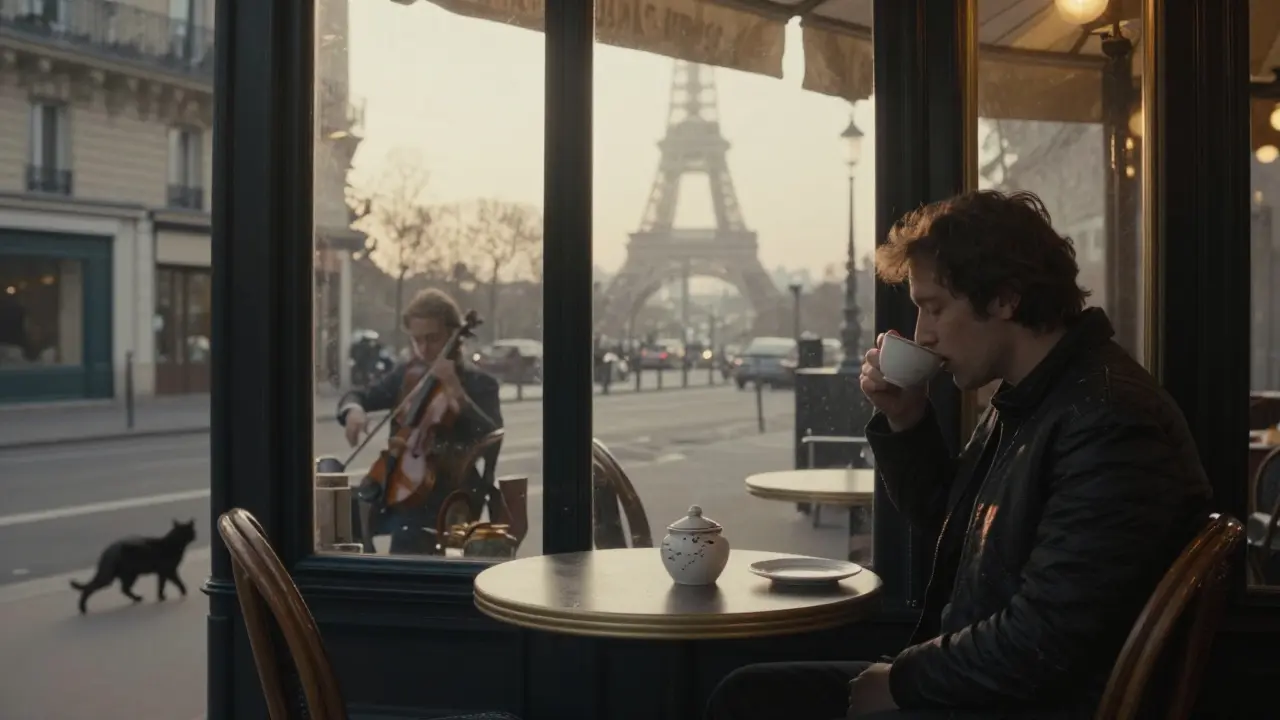 A solitary person sipping coffee at a historic café as morning light begins to rise.