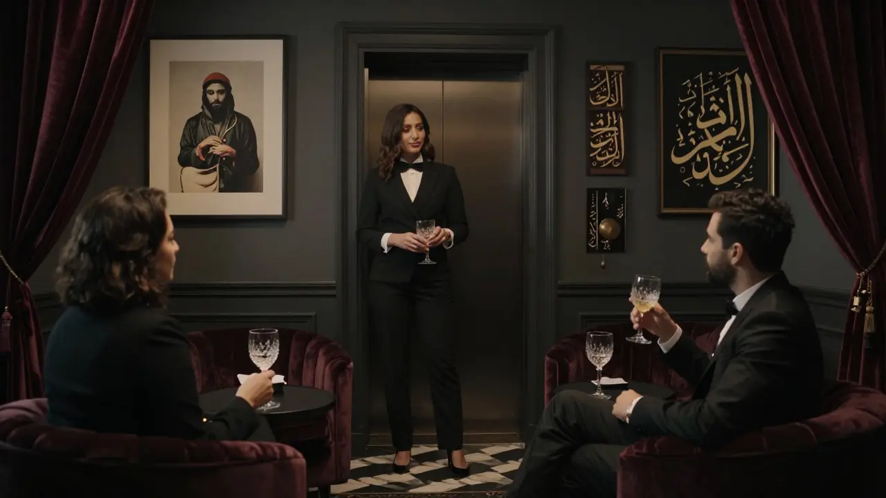 A sophisticated escort and client conversing in a private luxury lounge with velvet drapes and Arabic art details.