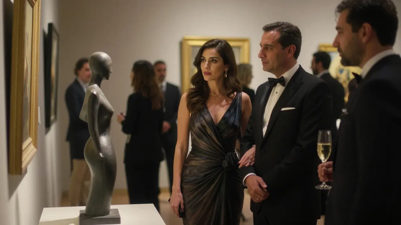 A sophisticated woman and man blend into a private art gallery event in Abu Dhabi, engaged in subtle, cultured companionship.