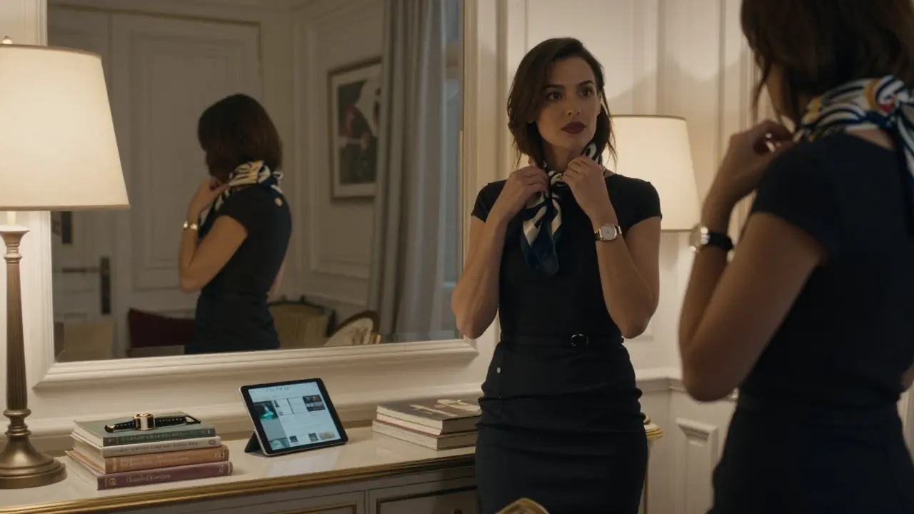 A sophisticated woman preparing for an evening engagement in a Paris apartment, surrounded by art and quiet elegance.