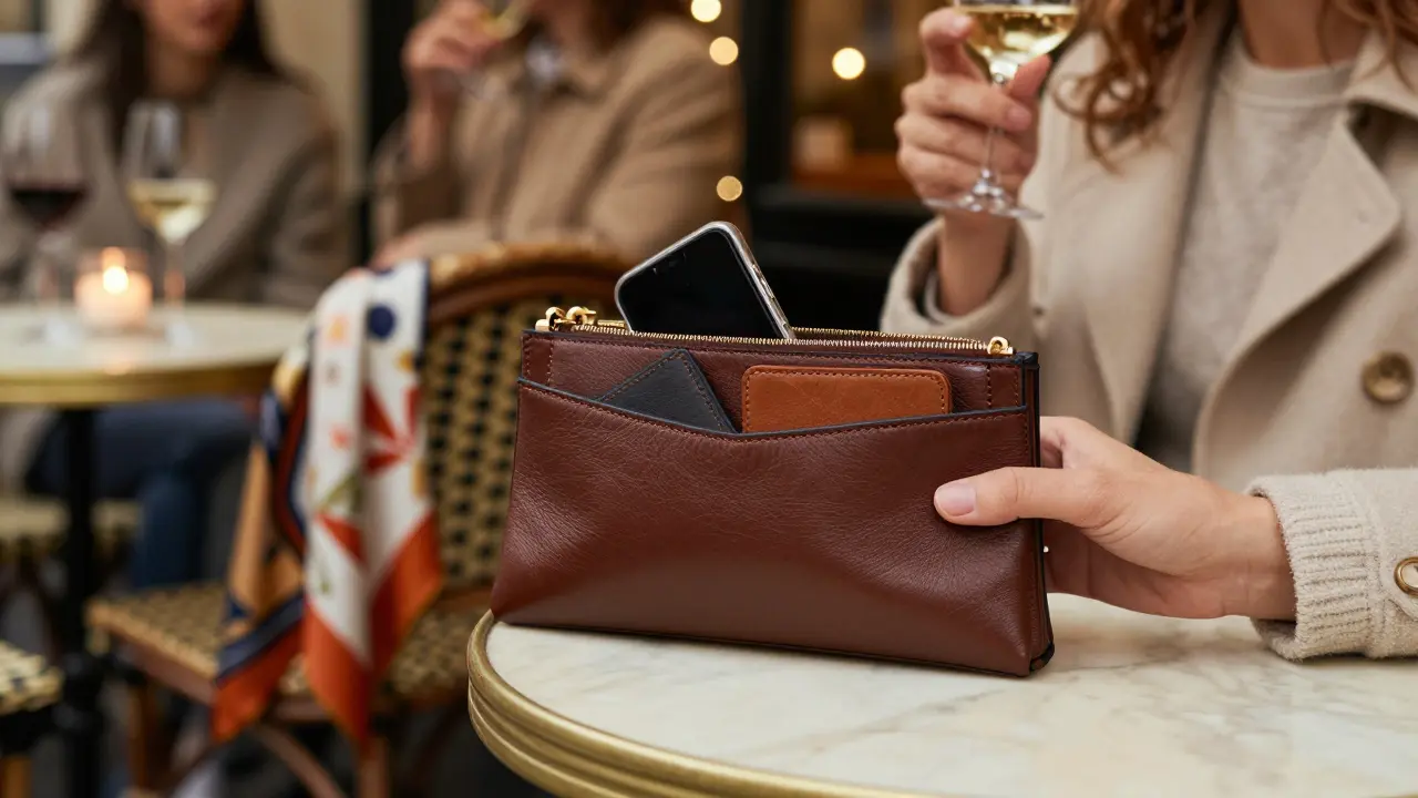 A structured leather clutch on a café table with blurred Parisians in neutral outfits in the background.