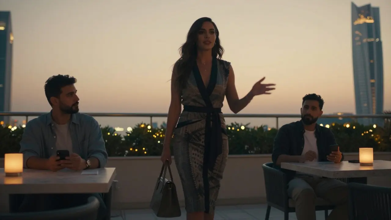 A woman and client enjoying the sunset at a rooftop bar in Abu Dhabi, with a safety-conscious companion nearby.