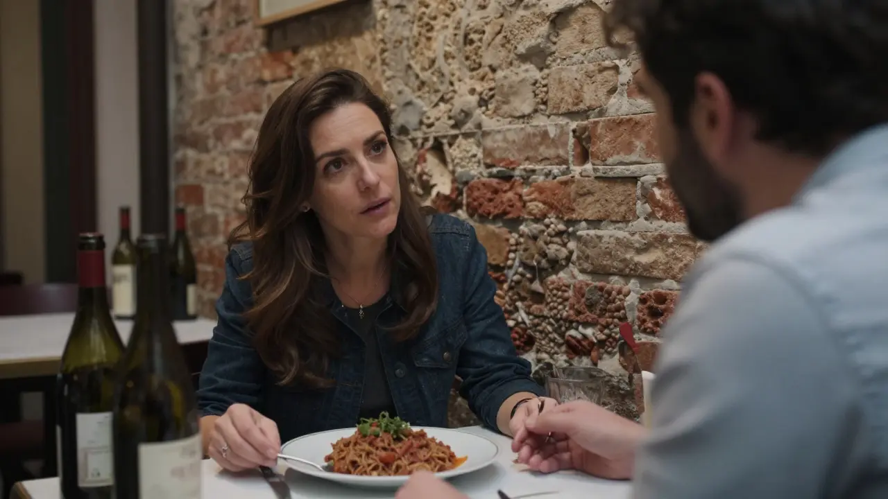 A woman listening intently in a cozy Milan osteria, homemade pasta on the table, warm ambient lighting, authentic connection.