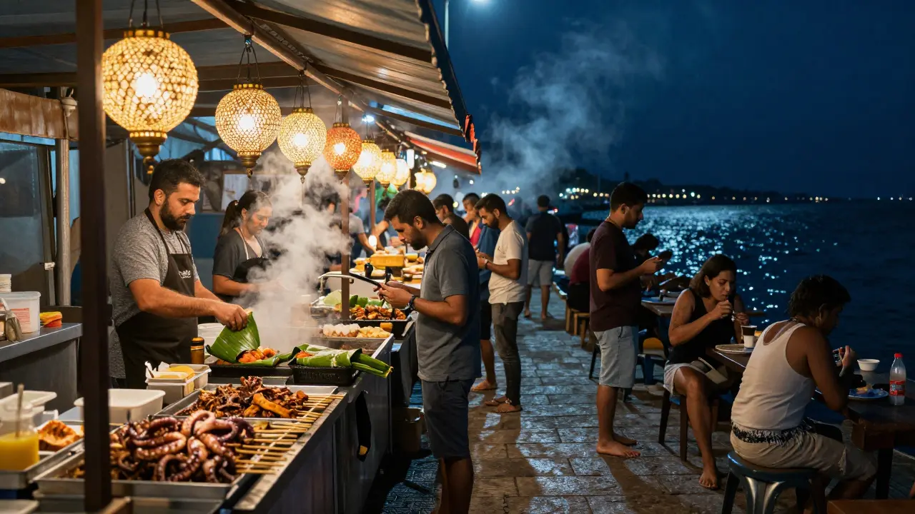 Al Mina Night Market under lantern light, vendors serving food wrapped in banana leaves, people eating barefoot by the harbor.