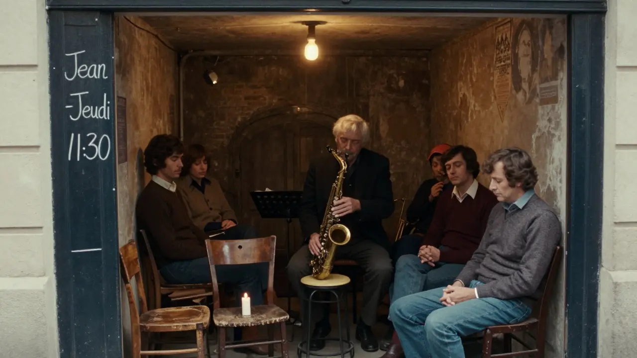 An elderly saxophonist plays alone in a tiny cellar behind a grocery store, three quiet listeners absorbed in the music.