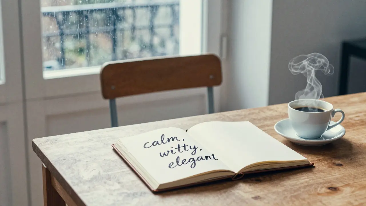 An empty chair with a journal showing words 'calm, witty, elegant' beside a steaming coffee cup, rain on a window, symbolizing trust.