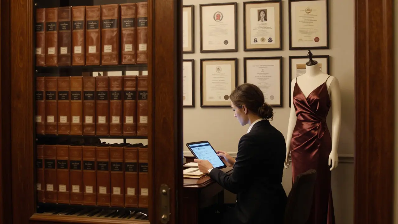 An exclusive companion agency office in Brera displays cultural credentials and a wardrobe of designer evening wear, with a professional reviewing encrypted messages.