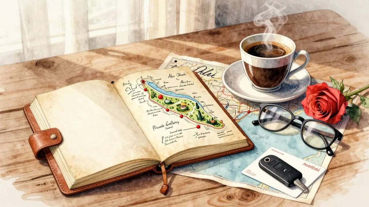 An open journal with handwritten travel notes beside Arabic coffee and a rose, symbolizing cultural connection.