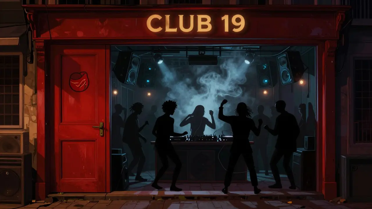 An underground club in Karaköy where dancers move in sync with powerful bass and dim blue lighting.