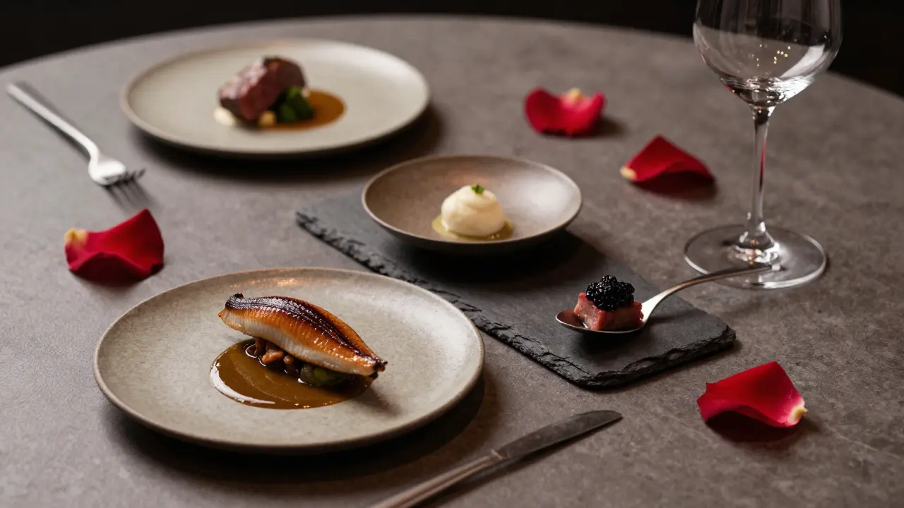 Artfully presented tasting menu courses at The Ledbury, minimalist and refined.
