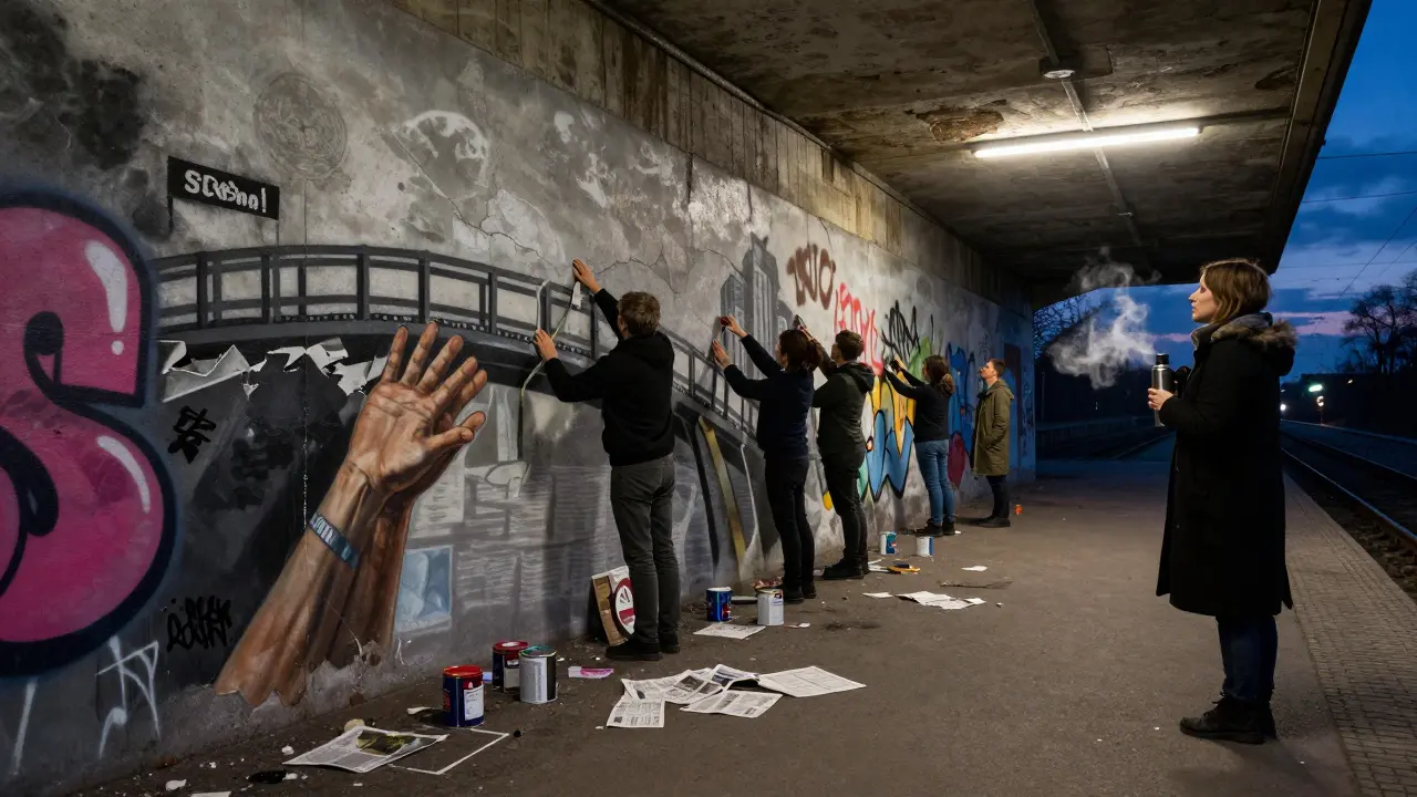 Artists painting at an abandoned Berlin train station, a woman watches quietly as twilight settles over the graffiti-covered walls.