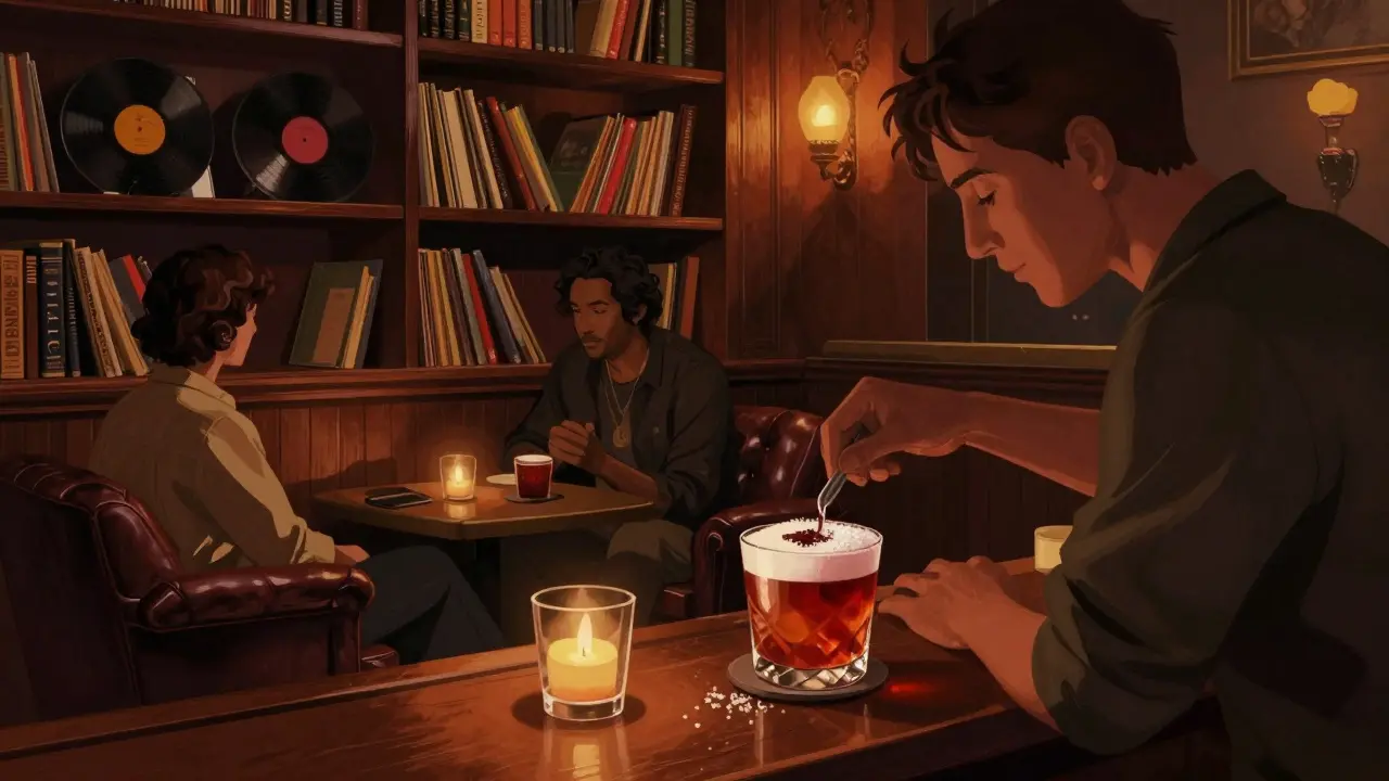 Cozy hidden speakeasy with bookshelf entrance, warm lighting, and bartender mixing a unique cocktail.
