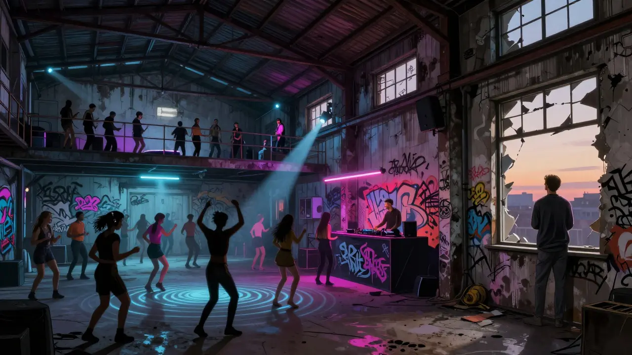 Crowd dancing in a gritty industrial club in Lambrate, Milan, under pulsing neon lights.